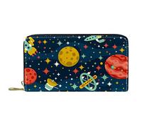 DJNGN Wallet for Women Clutch Purses for Women Card Holder Organizer Leather Zipper Purse Cartoon Space Rocket Planet Stars Sky