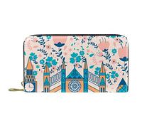 DJNGN Wallet for Women Clutch Purses for Women Card Holder Organizer Leather Zipper Purse Westminster Abbey with Flowers Pattern