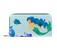 DJNGN Wallet Leather Leather Zip Long Purse Beautiful Green Watercolor Mermaids Fishes Seaweeds