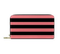 DJNGN Wallet Leather Leather Zip Long Purse Black and Light Pink Stripe Pattern
