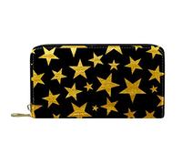 DJNGN Wallet Leather Leather Zip Long Purse Black Background with Golden Stars Pattern