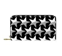 DJNGN Wallet Leather Leather Zip Long Purse Black White Stars Pattern