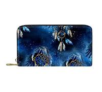 DJNGN Wallet Leather Leather Zip Long Purse Blue Dreamcatcher