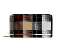 DJNGN Wallet Leather Leather Zip Long Purse Brown Black White Blue Plaid Pattern