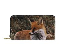 DJNGN Wallet Leather Leather Zip Long Purse Brown White Fox on Green Grass Land