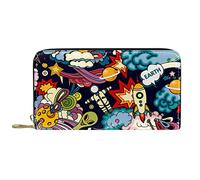 DJNGN Wallet Leather Leather Zip Long Purse Cartoon Space Colorful Pattern