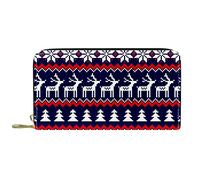 DJNGN Wallet Leather Leather Zip Long Purse Christmas Elk Deer Tree BlueKnit Pattern