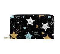 DJNGN Wallet Leather Leather Zip Long Purse Colorful Stars on Black Background
