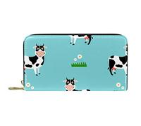 DJNGN Wallet Leather Leather Zip Long Purse Cute Cow Cartoon on Field