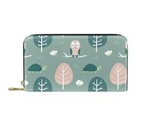 DJNGN Wallet Leather Leather Zip Long Purse Cute Hand-Drawn Green Tree & Lovely Owl