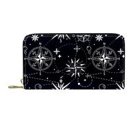 DJNGN Wallet Leather Leather Zip Long Purse Dark Blue Compass Stars Pattern