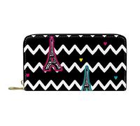 DJNGN Wallet Leather Leather Zip Long Purse Eiffel Tower Zigzag