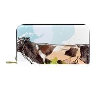 DJNGN Wallet Leather Leather Zip Long Purse Farm Cow Sketch Watercolor Green