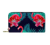 DJNGN Wallet Leather Leather Zip Long Purse Flamingo Tropical Green Hibiscus Leaves