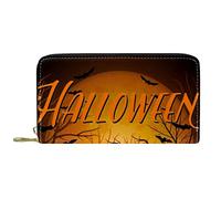 DJNGN Wallet Leather Leather Zip Long Purse Halloween Pumpkin Night Background