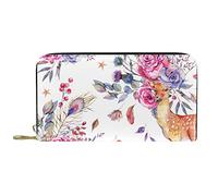 DJNGN Wallet Leather Leather Zip Long Purse Hand Painted Sika Deer Rose Flower
