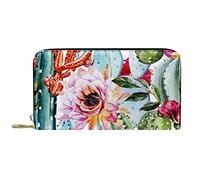 DJNGN Wallet Leather Leather Zip Long Purse Ink Paint Cactus Red Rose Flowers