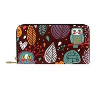 DJNGN Wallet Leather Leather Zip Long Purse Owl Stand on The Branch Leaves Colorful