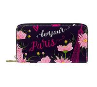 DJNGN Wallet Leather Leather Zip Long Purse Paris Eiffel Tower Floral Pattern