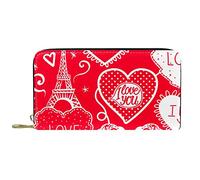 DJNGN Wallet Leather Leather Zip Long Purse Paris Eiffel Tower Love Pattern Red