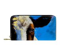 DJNGN Wallet Leather Leather Zip Long Purse Pastel Painting Animal Cow