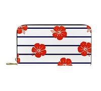 DJNGN Wallet Leather Leather Zip Long Purse Red Fibiscus Flower on Marine Stripes