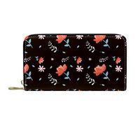 DJNGN Wallet Leather Leather Zip Long Purse Red Flower Pattern-02