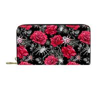 DJNGN Wallet Leather Leather Zip Long Purse Red Rose Flower Pattern Spider Net Grey