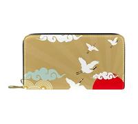 DJNGN Wallet Leather Leather Zip Long Purse Retro Japanese Crane Wave Clouds Sun