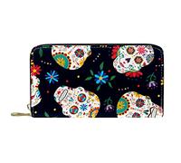 DJNGN Wallet Leather Leather Zip Long Purse Skull Flower Multi Beautiful
