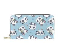 DJNGN Wallet Leather Leather Zip Long Purse Smile Panda Eat Bamboo