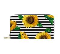 DJNGN Wallet Leather Leather Zip Long Purse Sunflower with Stripe Yellow Flower