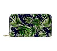 DJNGN Wallet Leather Leather Zip Long Purse Tropical Leaf Blue