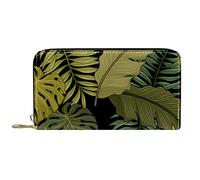 DJNGN Wallet Leather Leather Zip Long Purse Tropical Leaves Pattern