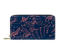 DJNGN Wallet Leather Leather Zip Long Purse Tropical Navy Blue Leaf
