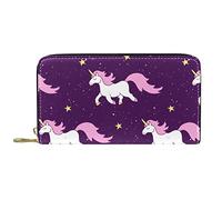 DJNGN Wallet Leather Leather Zip Long Purse Unicorns Pattern Yellow Stars Purple