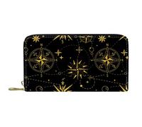 DJNGN Wallet Leather Leather Zip Long Purse Vintage Compass Stars Pattern