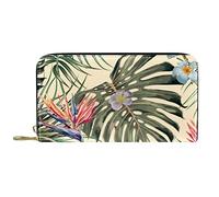 DJNGN Wallet Leather Leather Zip Long Purse Vintage Tropical Palm Floral Plant