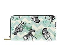 DJNGN Wallet Leather Leather Zip Long Purse Zebra Leaves Green White Wave Pattern