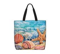 DJNGN Watercolor Beach Seashells Sea Star Stones Casual Shoulder Bag Handbag Reusable Shopping Travel Grocery Bag Tote Gifts For Women