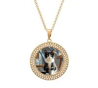 DJNGN White And Black Kitten Sitting Diamond Necklace Sparkle Pendant Necklace for Women Customizable Photo Necklace Classic Luxury Love Clavicle Neckband Fine Jewelry Anniversary Birthday Gifts