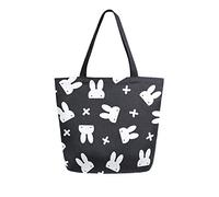 DJNGN White Rabbit Animals With Cross On Black Canvas Tote Bag Women Casual Shoulder Handbag Large Reusable Shopping Grocery Bag