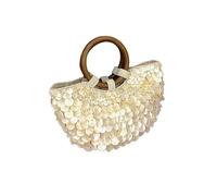 DJNLPZNT Handmade Shell Bag Wooden Top Round Handle Women Boho Handbag Beach Clutch Evening Handbag,Off White,Single Sided