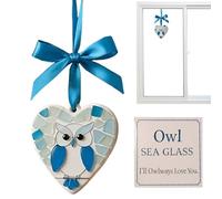Djowyh Sea Glass Decorative Figures - 2D Heart-Shaped Christmas Owl Pendant - Christmas Tree Pendant Decoration for Party Home Workplace Car Interior Mirror Bedroom