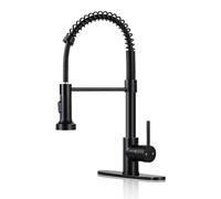 DJS Kitchen Faucets with Pull Down Sprayer, Faucet for Kitchen Sink, Brass Black Single Handle Single Lever High Arc Spring Faucet with Deck Plate for 1 or 3 Holes Sinks. (Matte Black)