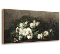 DJSYLIFE Framed Vintage Flower Canvas Wall Art, White Rose Still Life Painting Prints for Bedroom Decor, Classical Floral Pictures for Living Room Home Decorations, Ready to Hang 20"x40"