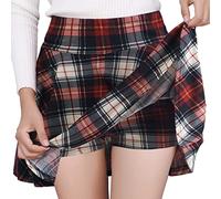 DJT Womens Girls Soft Stretchy Knit Plaid Skirts High Waist Flared A-line Pleated Skater Mini Skirt with Shorts Small Haute Red