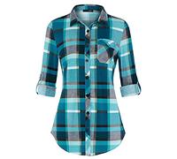 DJT Womens Soft Knitted Button Down Shirt Tops Roll Up Long Sleeve Plaid Shirts Stretchy Dressy Casual Office Work Blouse S Turquoise Plaid