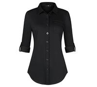 DJT Womens Soft Knitted Button Down Shirt Tops Roll Up Long Sleeve Plaid Shirts Stretchy Dressy Casual Office Work Blouse S Black