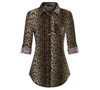 DJT Womens Soft Knitted Button Down Shirt Tops Roll Up Long Sleeve Plaid Shirts Stretchy Dressy Casual Office Work Blouse S Leopard Print